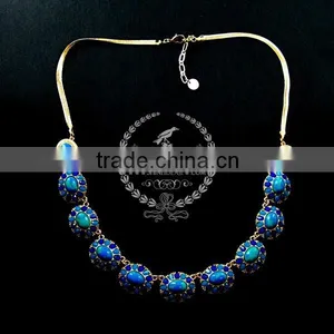 Vintage Blue Stone Arcylic Antiqued Gold Oval Charm Fashion Chic Women Statement Necklace Jewelry 2013 6390016 thumbnail-1