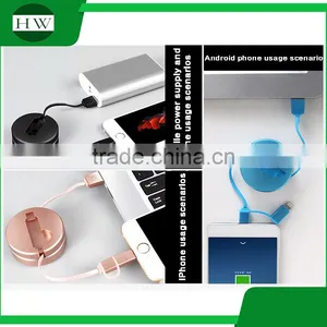 2 in 1 Double Interface Compatible Fast Quick Charger Round Usb Telescopic Data Cable for Iphone and Android Mobile Cell Phone thumbnail-3