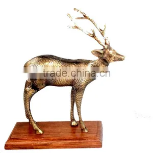 BRASS ANTIQUE STANDING REINDEER STATUE ON WOOD BASE FOR INTERIOR HOME DECORATION thumbnail-1