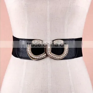 Wholesale Pearl and Rhinestone Inlaid Buckle Sex Women Lady Wide PU Waist Belt thumbnail-1