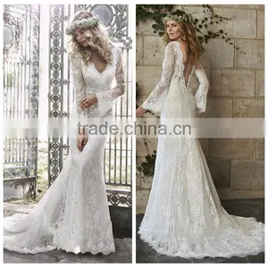 v Neck Lace Open Back Backless Wedding Dress With Long Sleeves thumbnail-1
