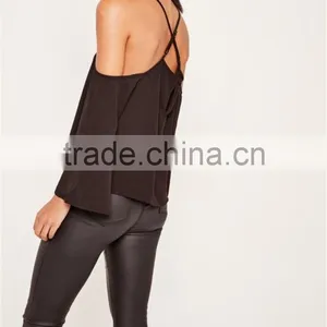 MGOO 2017 Chiffon Cold Shoulder Blouse Long Sleeves Shirts Blouses Polyester Spandex Black Loose Style thumbnail-5