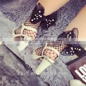 WS-36 2017New Hot Women Ruffle Large Fishnet Ankle High Socks Bow Tie Hollow Out Thin Mesh Lace Fish Net Short Socks thumbnail-4