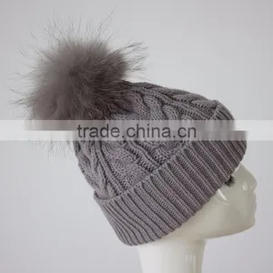 Myfur High Quality Wool Cable Knit Beanie Hat Pom Pom Custom Fur Hats thumbnail-3
