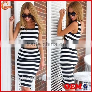 Women's Sexy Sleeveless Striped Vest Crop Tops Bodycon Package Hip Midi Skirts Suits Wholesale thumbnail-1