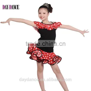 Girls Child Performance Latin Dance Skirt Suit Kid Dew Shoulders Lotus Leaf Polka Dot Dress thumbnail-1