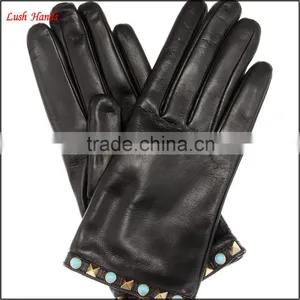 Black Basic Tight Rockstud Leather Gloves for Women thumbnail-2