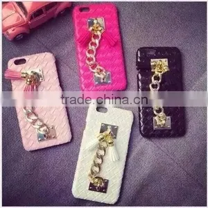 Luxury Plush Rabbit Fur Ball Tassel Pearl Chain PU Leather Hard Mobile Phone Cover Case For IPhone 6 G 6S Plus thumbnail-3