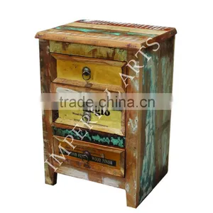 INDIAN RECYCLE WOOD 3 DRAWER BED SIDE, FOR BEDROOM FURNITURE thumbnail-1