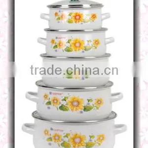 Best Quality Sunflower Decal White Enamel Cookware Pot Set 5 Pcs Cast Iron Kitchenware Set Pot With Glass Lid thumbnail-1