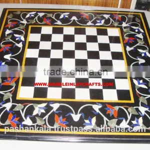 Beautiful Black Stone Inlay Chess Design Table Top thumbnail-1