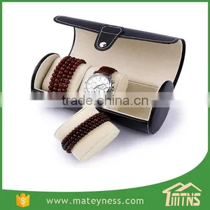 Black 3-slot Leather Cylinder Watch Box thumbnail-2