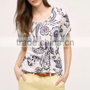 OEM Lady New Pattern Floral Print Linen t Shirt Customized thumbnail-1