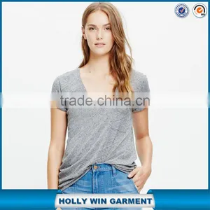Slub V-neck Ladies t Shirt With Pocket thumbnail-1