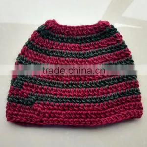 Red And Black Messy Bun Beanies Crochet Hat thumbnail-1