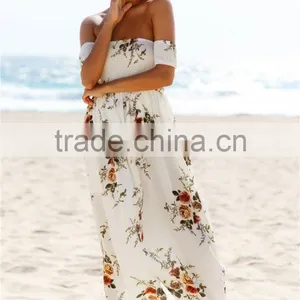 Boho Style Long Dress Women Fashion Off Shoulder Beach Summer Dresses Floral Print Vintage Chiffon White for Wholesale 2017 thumbnail-4