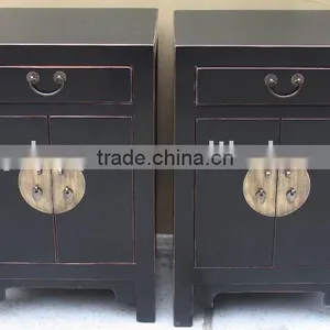Chinese Antique Pine Wood Black Bedside Cabinet thumbnail-1