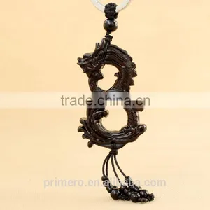 Chinese Loong Ebony Wood Men Gift Black Bag Key Ring Carved Dragon Wooden Keychain thumbnail-2