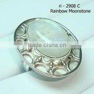 925 Stamped Sterling Silver Rainbow Moonstone Semi Precious Gemstone Ring thumbnail-1