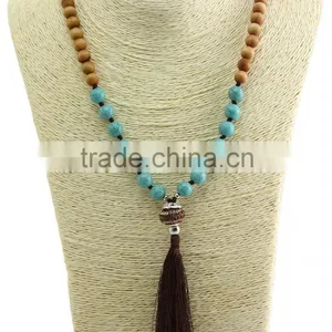 Unisex Women Wooden Beaded Necklace Gemstone Pendant Necklace With Tassel thumbnail-4