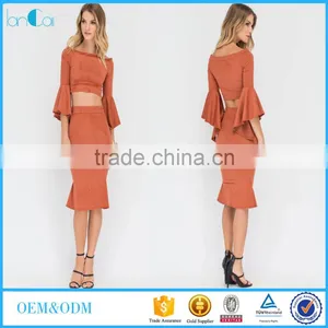 Ladies Designer Skirt Suits off Shoulder Flared Sleeve Crop Top and Tight Fishtail Skirt thumbnail-1