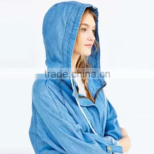 Zip up Women Denim Jacket Oversized With Hoodies and Curved Hem thumbnail-4