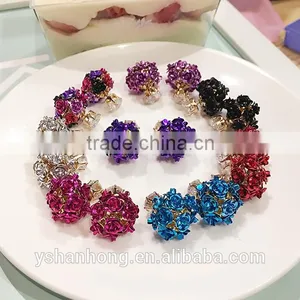 2016 New Arrived Crystal Rose Flowers Stud Earring Colors Wholesale Double Side Flower Design Stud thumbnail-5