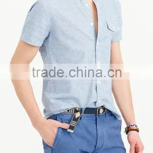 2015 Classic Fit Short Sleeve Stand Collar Shirt in Deep Cove Stripe Classic Design Hot Sell Custom Striped Shirt thumbnail-2