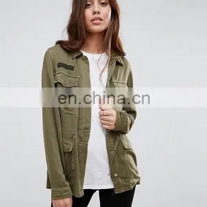 2016 Fashion Laper Collar Long Sleeve Women Army Green Front Button Jacket thumbnail-2