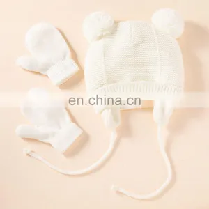 1-3 Years Hat Gloves Two Plush Balls Ropes Boys Girls Solid Color Knitted Kids Cap Gloves Set for Autumn Winter Warm Cap thumbnail-3