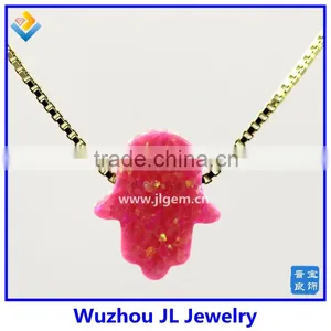 High Quality Synthetic Pink Opal Hamsa/Hand Opal 18K Gold Plated 925 Sterling Silver Box Chain Necklace Made in China thumbnail-1
