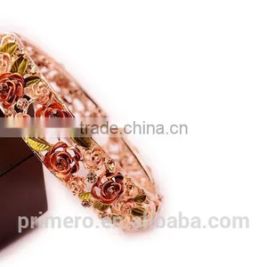 Rhinestone Embed Hollow Leaves Blessing Flowers Rose Golden Bracelets Bangles Women thumbnail-5