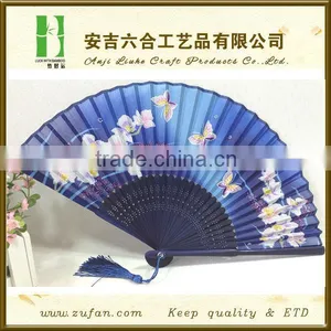 Deep Blue Decorative Silk Bamboo Fan With Flowers,Chinese Carved Fans,Japanese Fan thumbnail-1