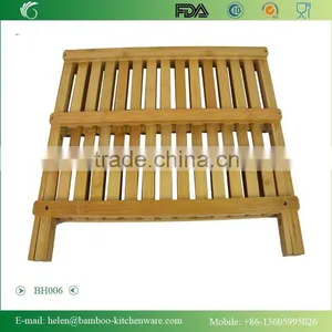 BH006/Natural Bamboo Foldable Dish Rack With Flatware Holder Durable Dish Drying Rack Kitchenware Bamboo Kitchen Cabinet Dish ra thumbnail-4