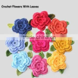 2016 Custom Nice Handmade Crochet Cotton Flower Applique With Leaves for Decoration thumbnail-1