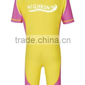 (Hot Selling)Kid's Yellow Pink Short Sleeve Sun Protection Suit/Swimwear With Zipper thumbnail-1