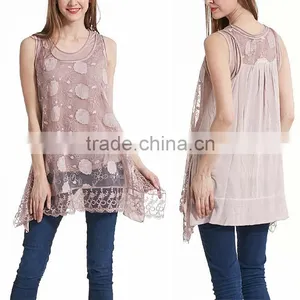 Pink Sheer Floral Lace Layered Sleeveless Tunic Shirts Office Wear for Women thumbnail-1