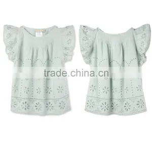 Latest Fancy Pretty Broderie Anglaise Blue Cotton Girls Top With Frilled Sleeves Kids Childerens Boutique Clothing HSd5108 thumbnail-1