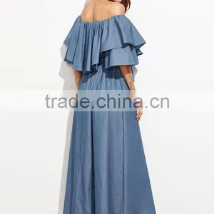 Ladies Ruffled Neck Off The Shoulder Short Sleeve Blue Color Tie Waist Long Maxi Denim Dress thumbnail-5