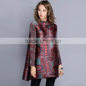 Women Drape Vintage Printed Retro Style Long Sleeve Dresses thumbnail-1