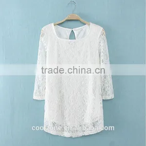 Elegant White Basic Woman Blouse Fashion Sheer Crochet Lace Blouse 2015 thumbnail-4