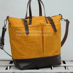 Yellow Waxed Canvas Bag With Leather Handles thumbnail-1