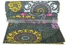 Handmade Organic Vintage Quilts Black Floral Kantha Quilt Bedspread Throw Ethnic Reversible GUDARI thumbnail-1