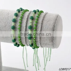 6sets Dark Green Beads With Silver Beads Strand Bracelet thumbnail-1