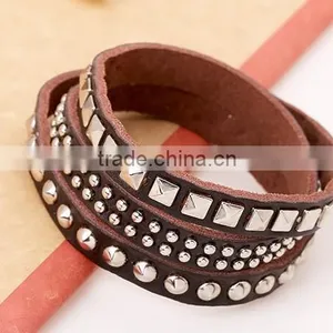 Fashion Vintage Men's Metal Steel Studded Surfer Leather Bangle Cuff Bracelet thumbnail-2