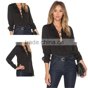 Womens Classic Long Sleeve Ruffled Shoulder Solid Chiffon Blouse thumbnail-4