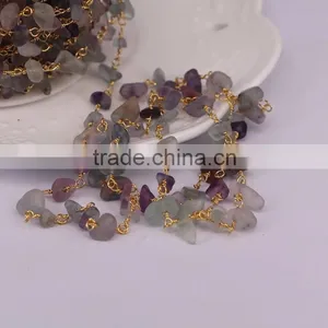 Natural Fluorite Nugget Quartz Chip Bead Rosary Chain, Gold Plated Wire Wrapped Chain thumbnail-4