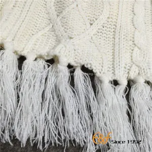 Ladies Crew Neck Tassels White Sweater Cape With Bowknot thumbnail-5