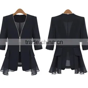 Lady Clothing Garment Manufacturer Slim Fit Ruffle Hem Chiffon Front Zipper Women Autumn Jacket 2015 thumbnail-2