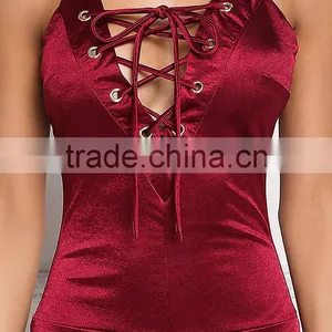MGOO New Designs 2017 Lace Up Cross Strap Bodysuits Burgundy Satin Playsuits 2017 Summer Designs Beach Style thumbnail-4